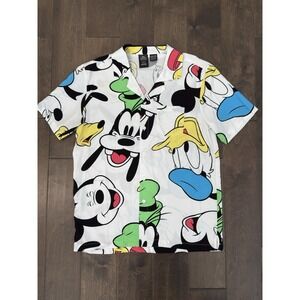 Disney Parks Mickey Mouse Faces AOP Multicolor Button Up Rayon Shirt Mens Size M